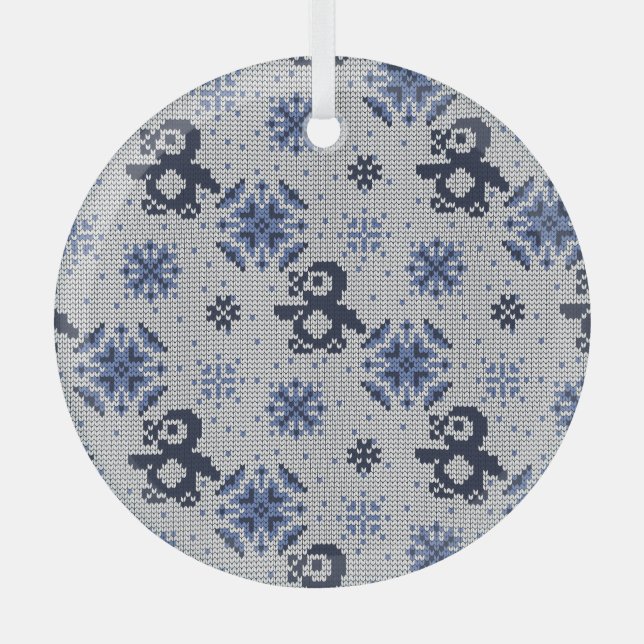 Knitted Winter Penguins Decorative Pattern Glass Tree Decoration (Front)