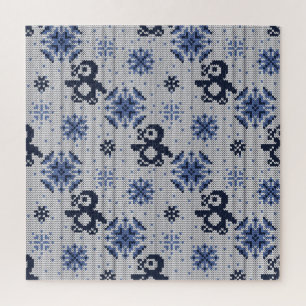 Knitted Winter Penguins Decorative Pattern Jigsaw Puzzle