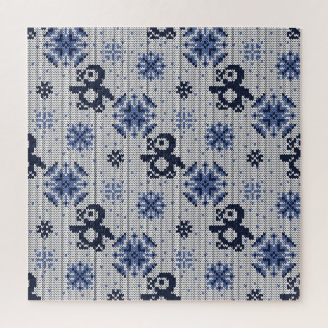 Knitted Winter Penguins Decorative Pattern Jigsaw Puzzle (Vertical)