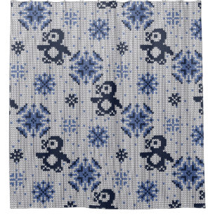 Knitted Winter Penguins Decorative Pattern Shower Curtain
