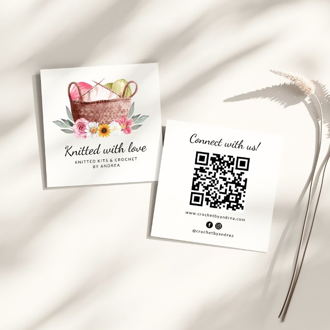 Knitted with Love Handmade Yarn Crochet Basket Square Business Card (Creator Uploaded)