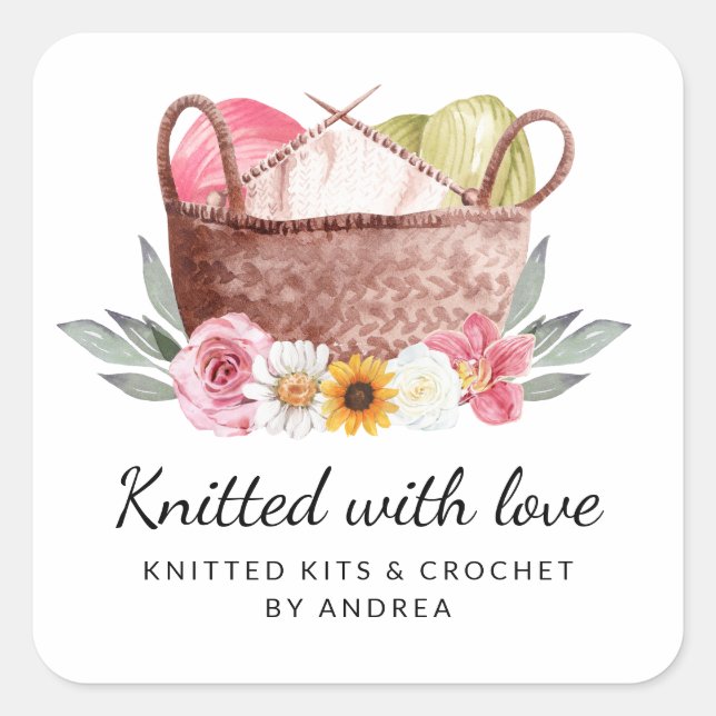 Knitted with Love Handmade Yarn Crochet Basket Square Sticker (Front)