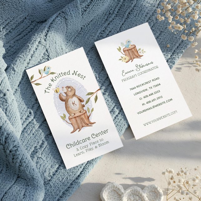 Knitted Woodland Bear Fun Childcare Daycare Centre Business Card (Knitted Woodland Bear Fun Childcare Daycare Center Business Card)