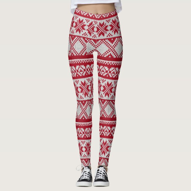 Knitted Xmas pattern in red and white Leggings (Front)