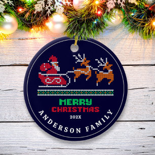 Knitted Xmas Pattern on Navy Blue Merry Christmas  Ceramic Tree Decoration