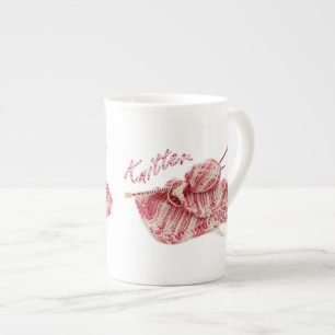 "Knitter" Pink and White Hand Knit Photo Bone China Mug