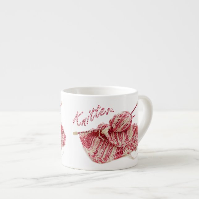 "Knitter" Pink and White Hand Knit Photo Espresso Cup (Front Right)