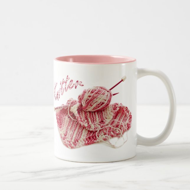 "Knitter" Pink and White Hand Knit Photo Two-Tone Coffee Mug (Right)