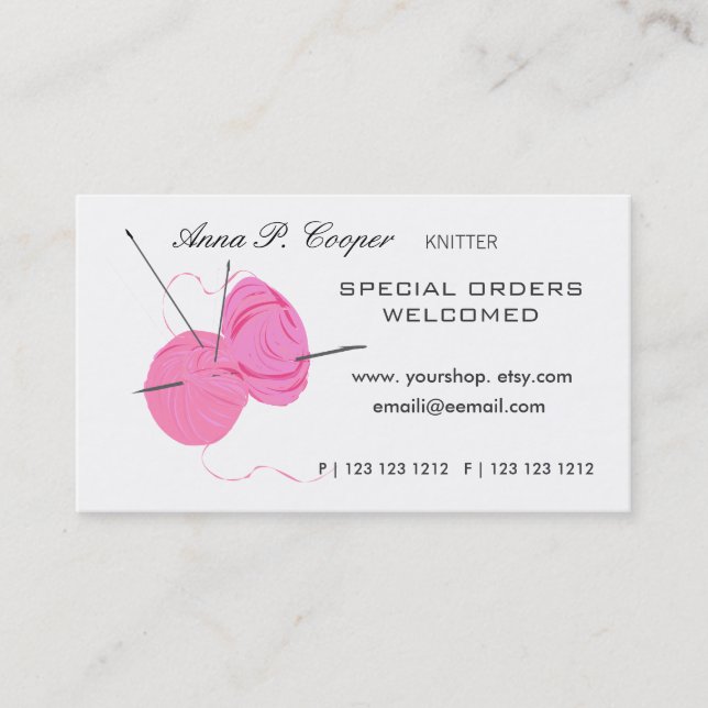 Knitter Pink Cute Yarn Balls & Needles #makers Business Card (Front)