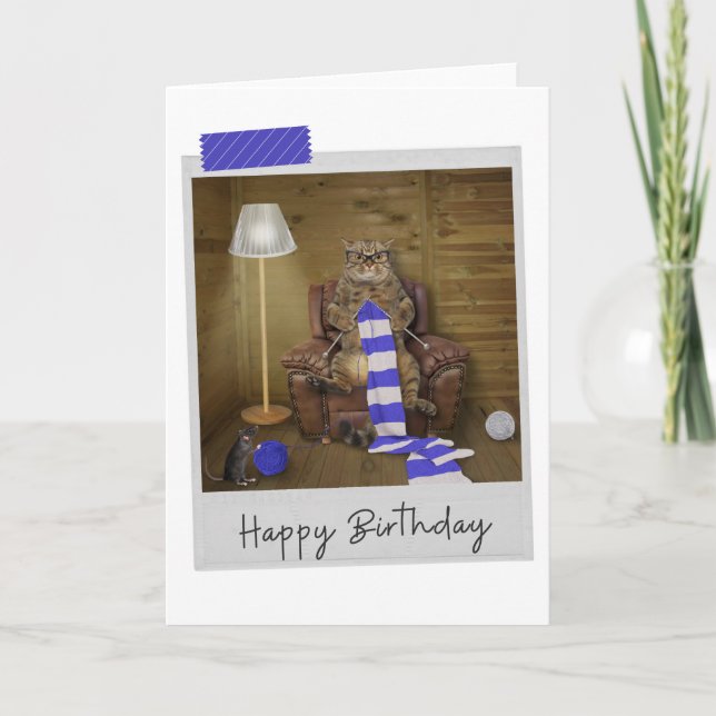 Knitting Cat Funny Birthday Card (Front)