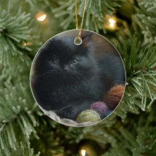 Knitting Companion Black Kitten With Yarn Ceramic Tree Decoration
