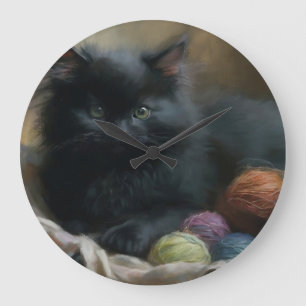Knitting Companion Black Kitten With Yarn Large Clock