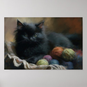 Knitting Companion Black Kitten With Yarn Poster