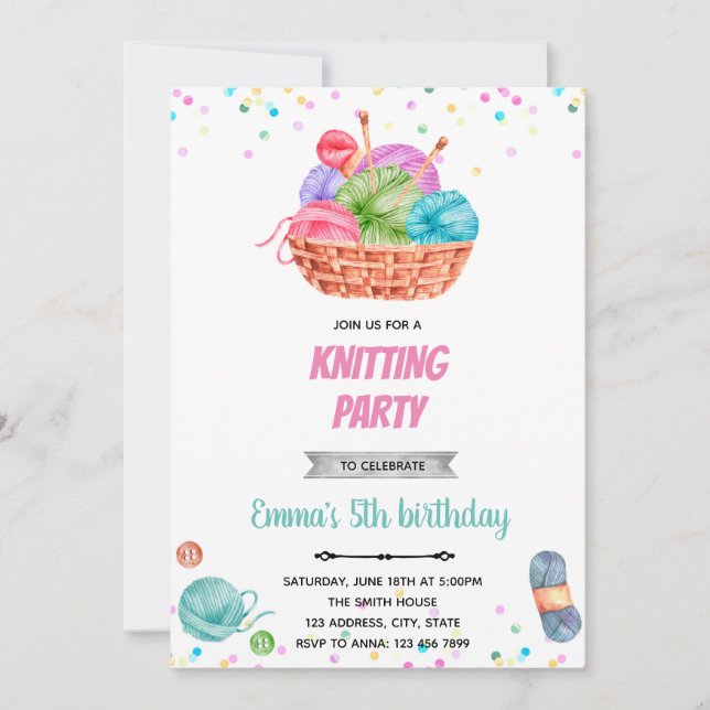 Knitting craft birthday party invitation (Front)
