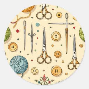 Knitting Crochet Sewing Tools Pattern Classic Round Sticker