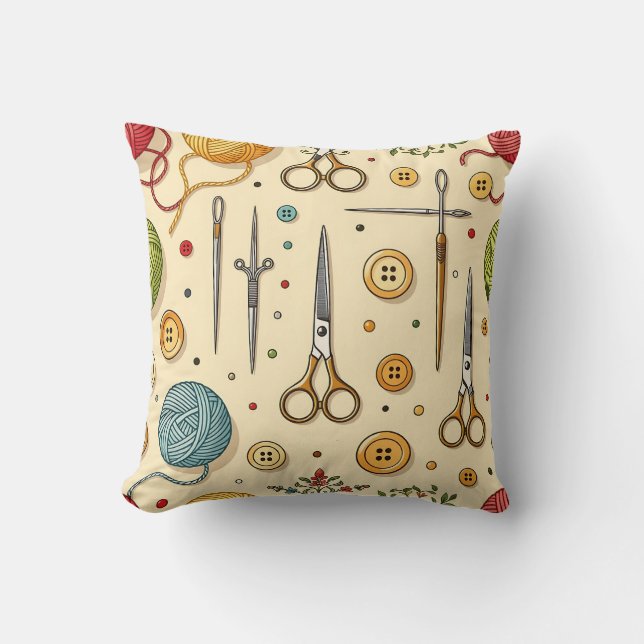 Knitting Crochet Sewing Tools Pattern Cushion (Front)