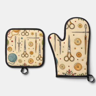 Knitting Crochet Sewing Tools Pattern Oven Mitt & Pot Holder Set