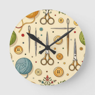 Knitting Crochet Sewing Tools Pattern Round Clock
