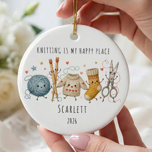 Knitting Is My Happy Place Personalised Ceramic Tree Decoration