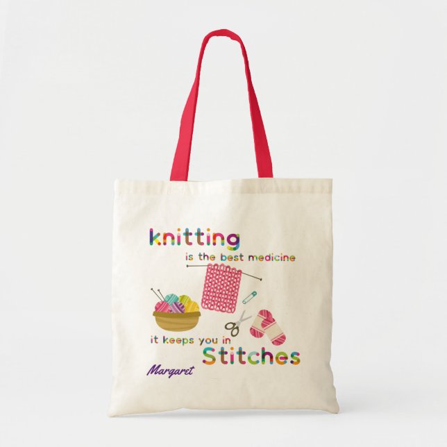 Knitting is the Best Medicine Rainbow Quote Pink Tote Bag (Front)