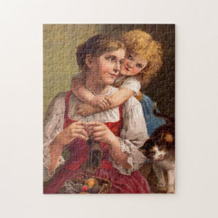 Knitting mother with child and cat jigsaw puzzle