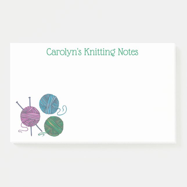 Knitting needles and balls of yarn, personalised post-it notes (Front)