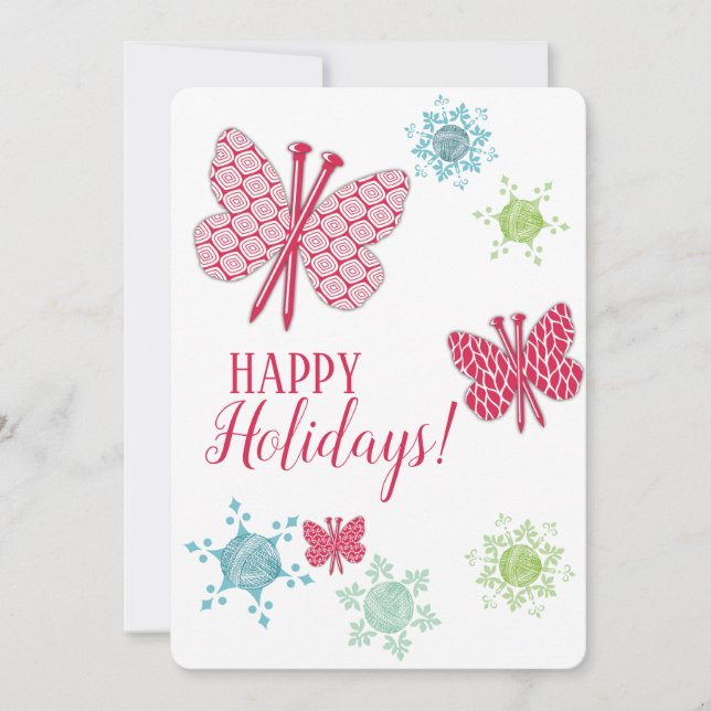 Knitting needles butterflies crafts Christmas card (Front)