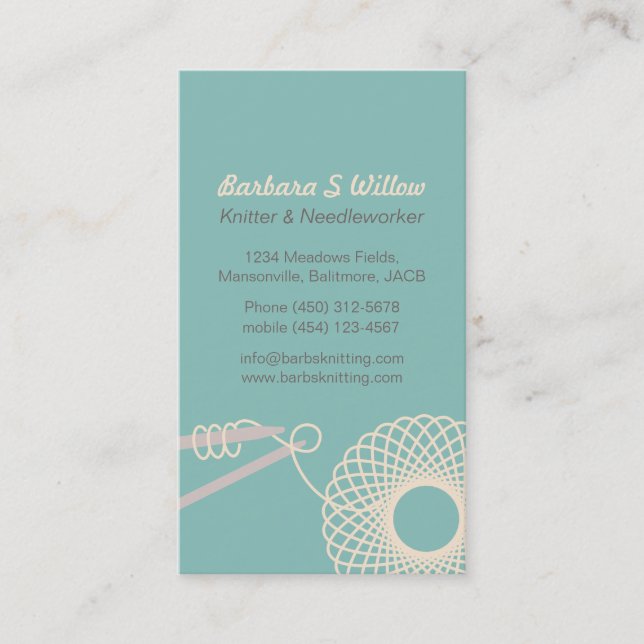 Knitting needlework teal cream business cards (Front)