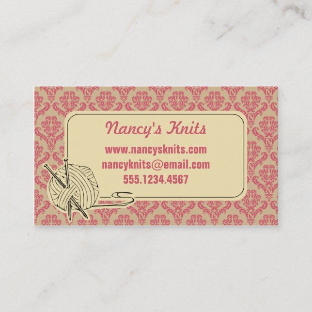 Knitting Pink Damask Business Card (Front)