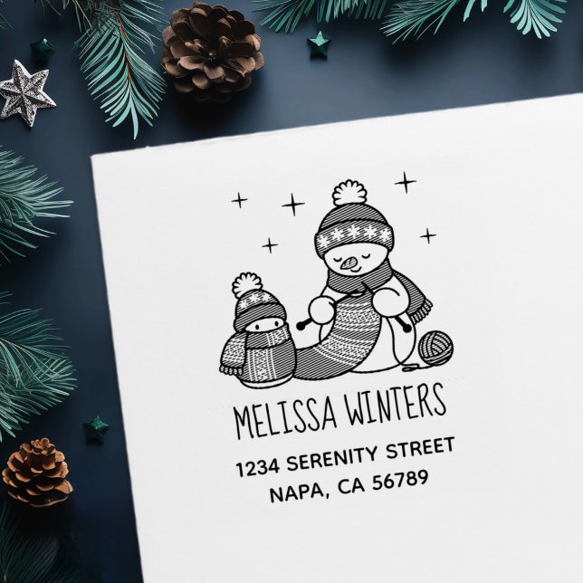Knitting Snowman Christmas Custom Return Address Self-inking Stamp (Creator Uploaded)