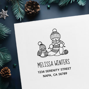 Knitting Snowman in Knitted Hat and Scarf Address Self-inking Stamp