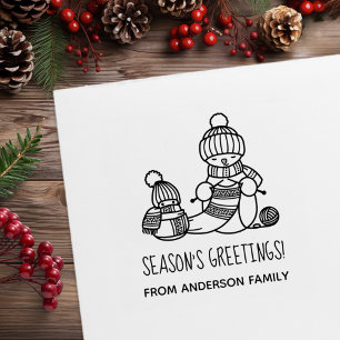 Knitting Snowman Seasons Greetings Rubber Stamp