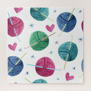 Knitting theme, watercolor seamless pattern. jigsaw puzzle