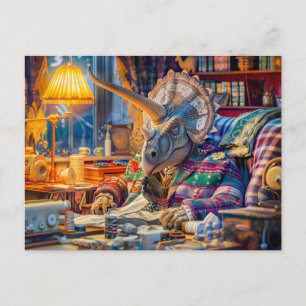 Knitting Triceratops in a Cosy Armchair Holiday Postcard