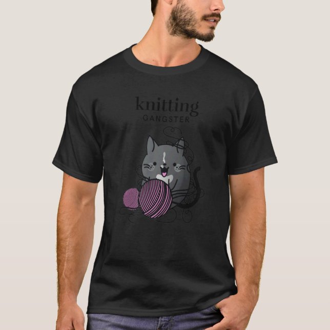 Knitting Tuxedo Cat  Knitting Gangster Knitting T-Shirt (Front)