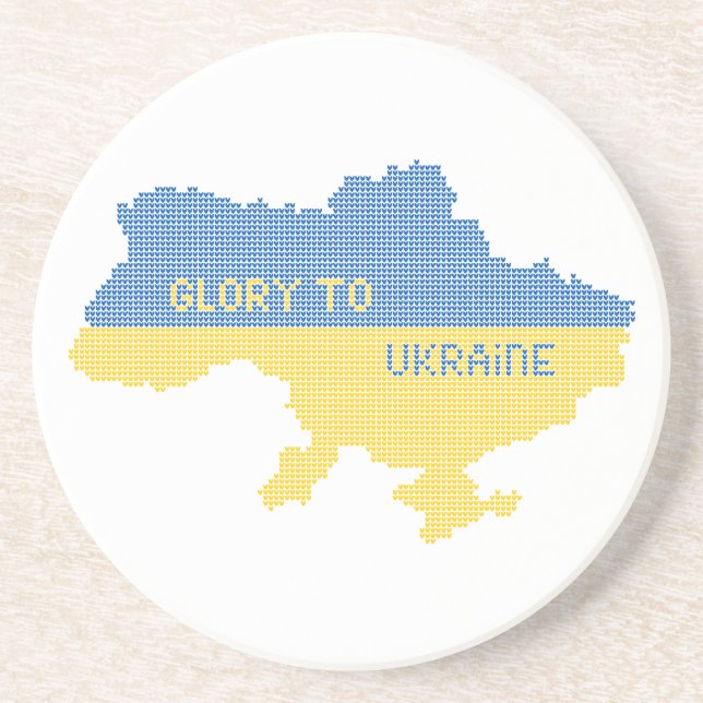 Knitting Ukrainian state map text Glory to Ukraine Coaster (Front)