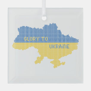 Knitting Ukrainian state map text Glory to Ukraine Glass Tree Decoration