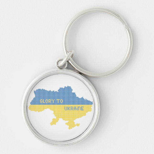 Knitting Ukrainian state map text Glory to Ukraine Key Ring (Front)