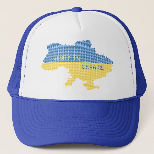 Knitting Ukrainian state map text Glory to Ukraine Trucker Hat (Front)