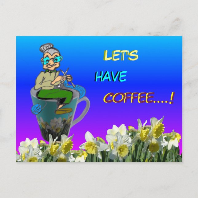 Knitting Woman on Daffodils Mug Coffee Postcard (Front)