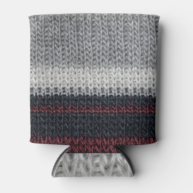 Knitting wool: red, white stripes. can cooler (Front)