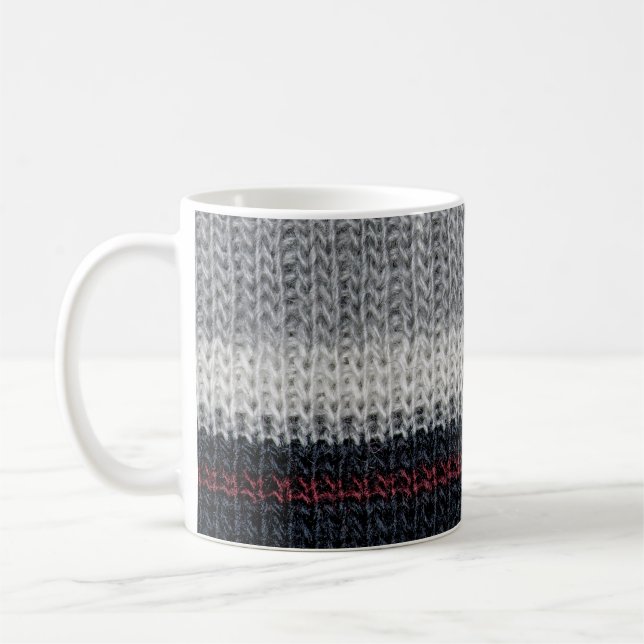 Knitting wool: red, white stripes. coffee mug (Left)
