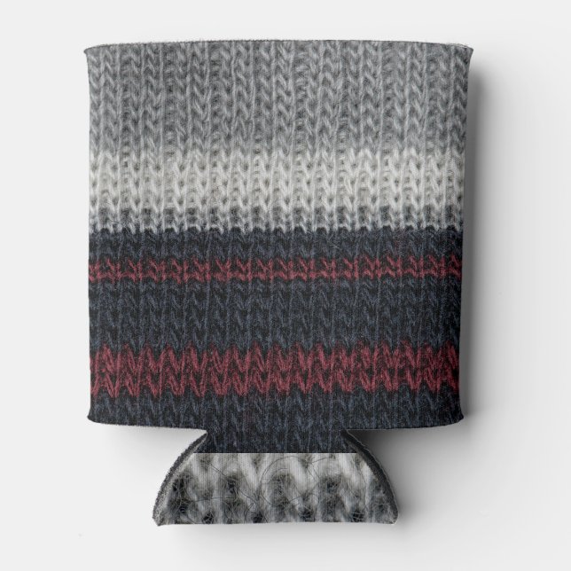 Knitting wool texture, red-white stripes. can cooler (Front)