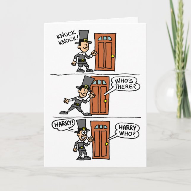 Knock Knock Cartoon Pilgrim Friendsgiving Card (Front)
