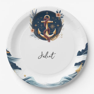 Knot Boat Ship Navy Blue Nautical Bridal Shower Paper Plate