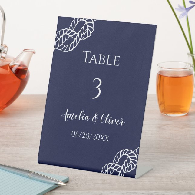 Knot Nautical Rope White Navy Wedding Table number Pedestal Sign (In SItu)