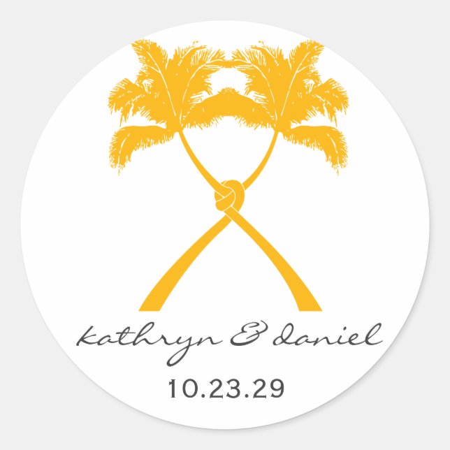 Knot Palm Trees Beach Tropical Wedding Modern Chic Classic Round Sticker (Front)
