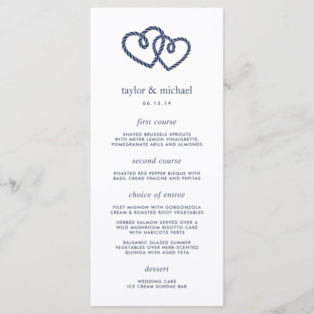 Knotted Hearts Wedding Menu Card (Front)