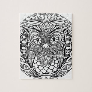 Knotted Mandala Owl Black and White Jigsaw Puzzle