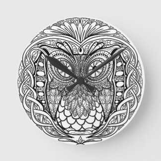 Knotted Mandala Owl Black and White Round Clock